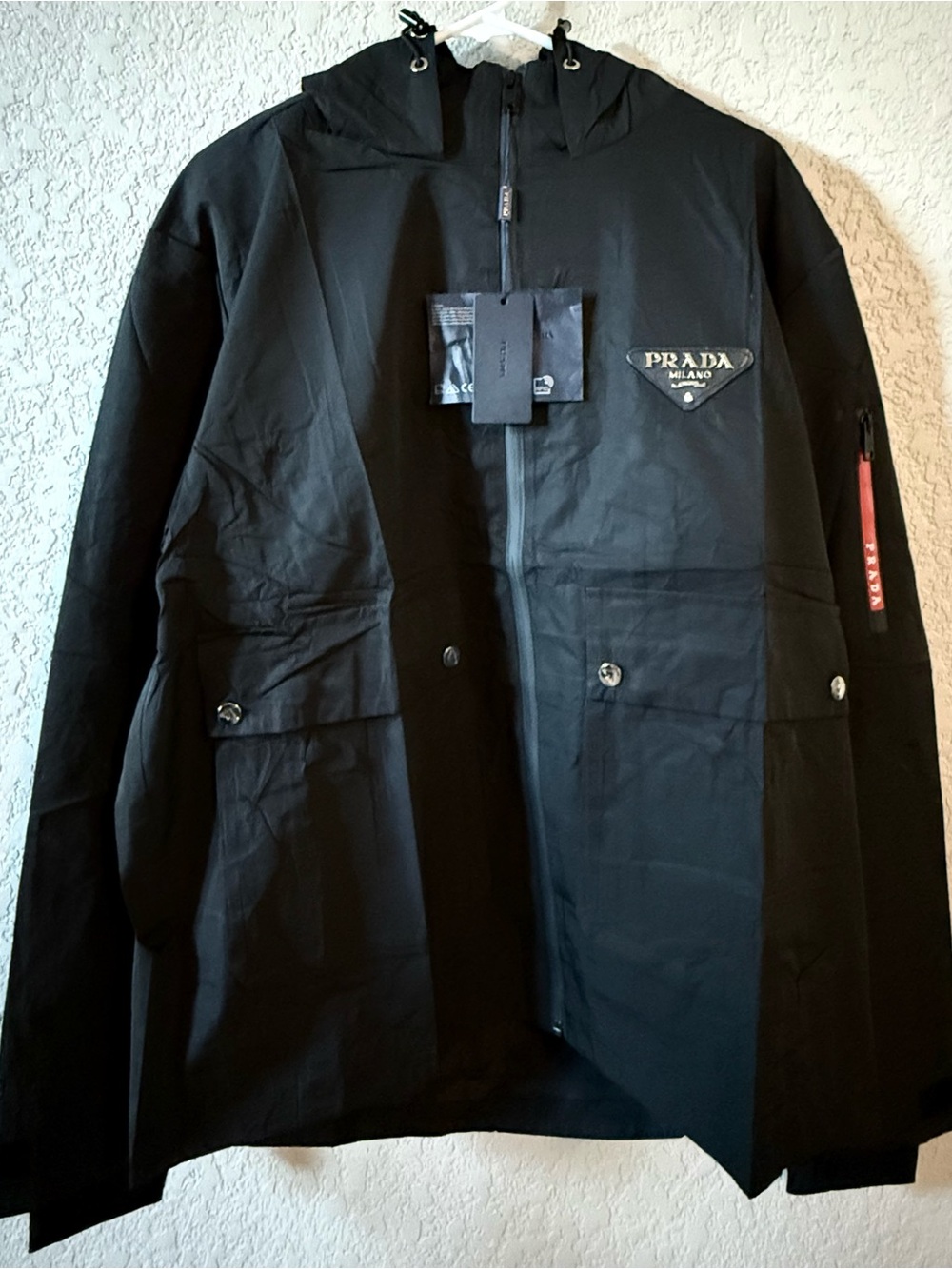 Prada Black Hooded Raincoat with Milano Triangle Logo